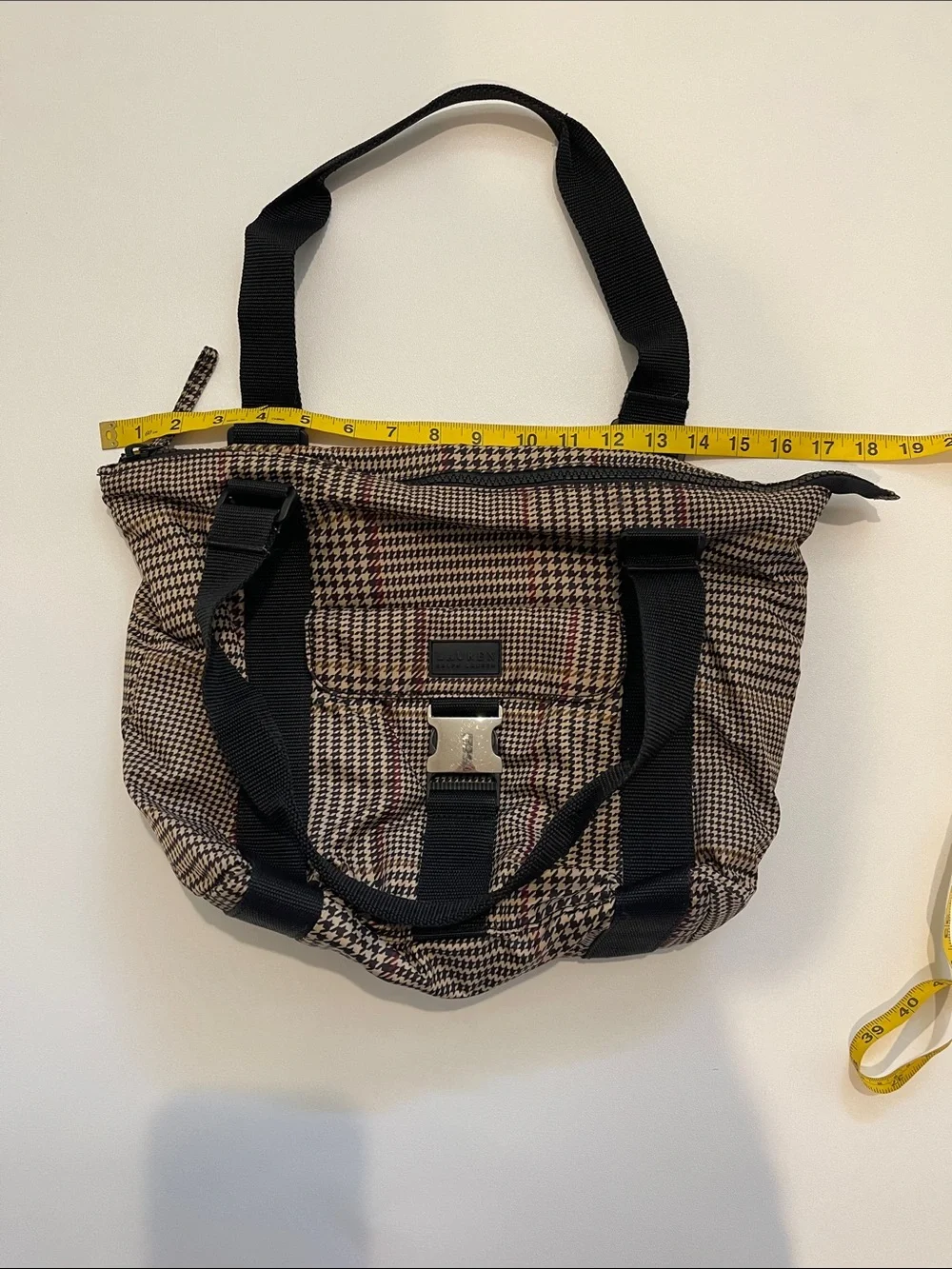 Lauren Ralph Lauren Black and Tan Plaid Houndstooth Print Tote